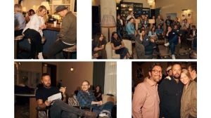 No sentido horário, a partir do canto superior esquerdo: Mentora e produtora Sara Murphy com o cineasta Matthew Saville; a equipe da Square Peg Social no evento de abertura; da esquerda, o mentor e produtor Alejandro De Leon, Lars Knudsen e Amy Knudsen na festa de encerramento; Lars lendo sua introdução com Ari Aster.